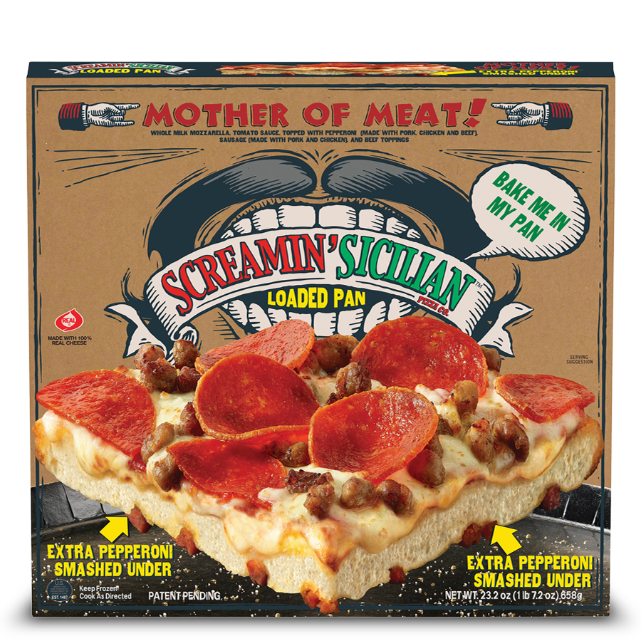 Screamin' Sicilian Holy Pepperoni Loaded Pan Pizza. I was drunk when I  bought this and thought it was just their normal pizza which I like. This,  not so much. : r/frozendinners